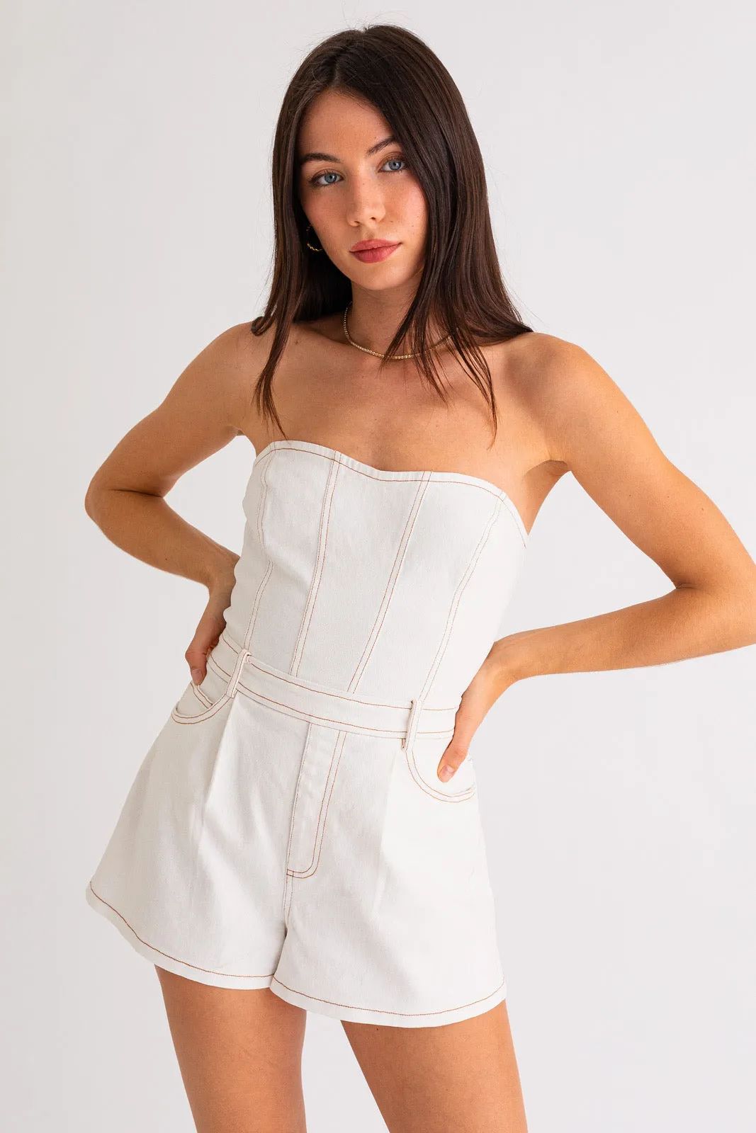 “Yacht Party” White Strapless Denim Romper