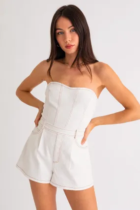 “Yacht Party” White Strapless Denim Romper
