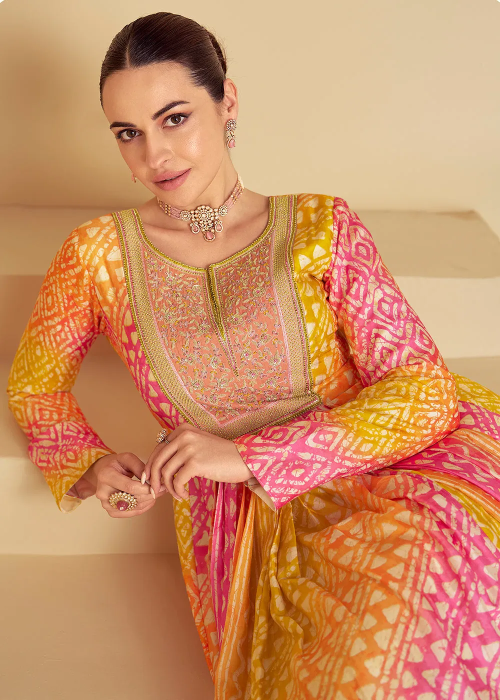 Yellow & Peach Maslin Digital Printed Festive Anarkali Gown