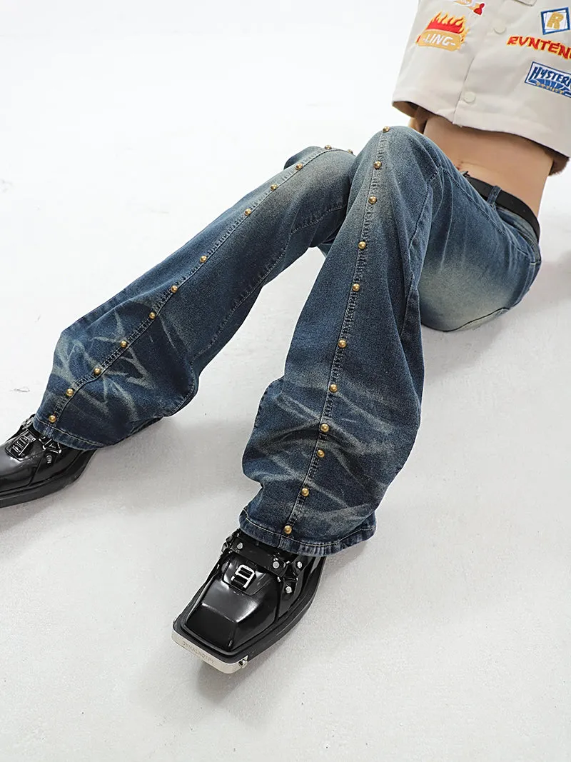 Zariah Bronze Stud Blue Denim Washed Faded Slim High Waist Flare Jeans Pants