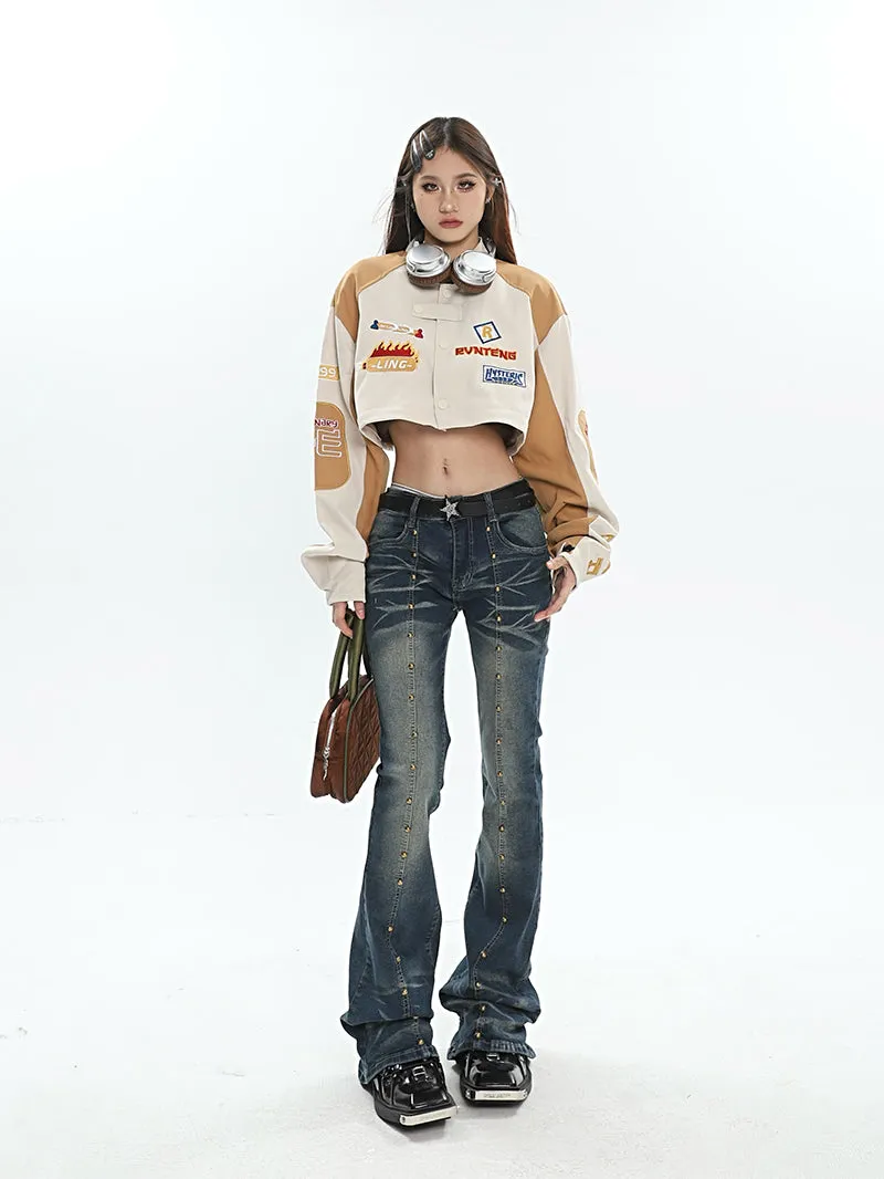 Zariah Bronze Stud Blue Denim Washed Faded Slim High Waist Flare Jeans Pants
