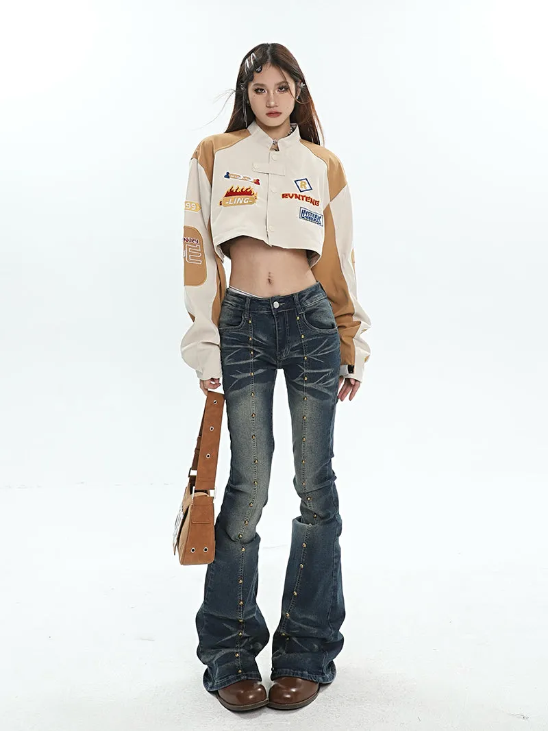 Zariah Bronze Stud Blue Denim Washed Faded Slim High Waist Flare Jeans Pants