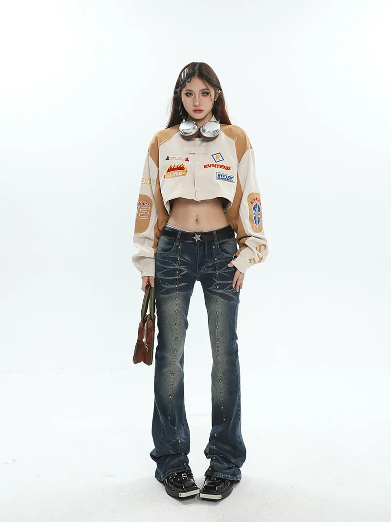 Zariah Bronze Stud Blue Denim Washed Faded Slim High Waist Flare Jeans Pants