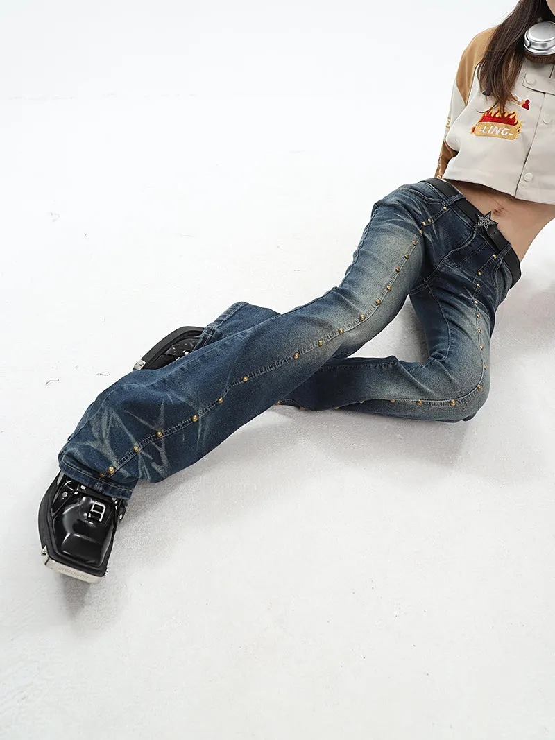 Zariah Bronze Stud Blue Denim Washed Faded Slim High Waist Flare Jeans Pants